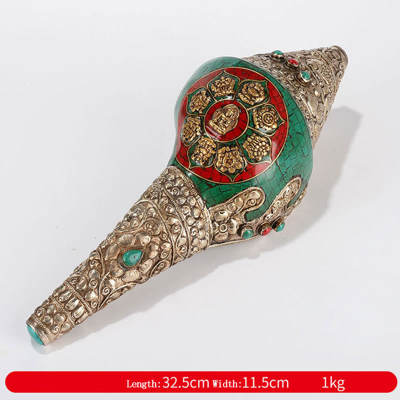 Tibetische handgemachte Shankha Om Mani Padme Hum Buddha Avalokitesvara Türkis Muschel Muschel positive Dekoration - Acht Glückssymbole – Sakyamuni 32,5 x 11,5 cm - image 19