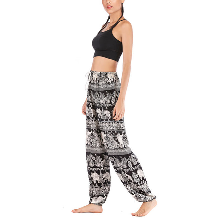 Buddha Stones Boho Lockere Haremshose mit Elefantenmuster für Damen, Yogahose