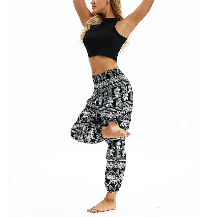 Buddha Stones Boho Lockere Haremshose mit geometrischem Elefantenmuster für Damen, Yogahose