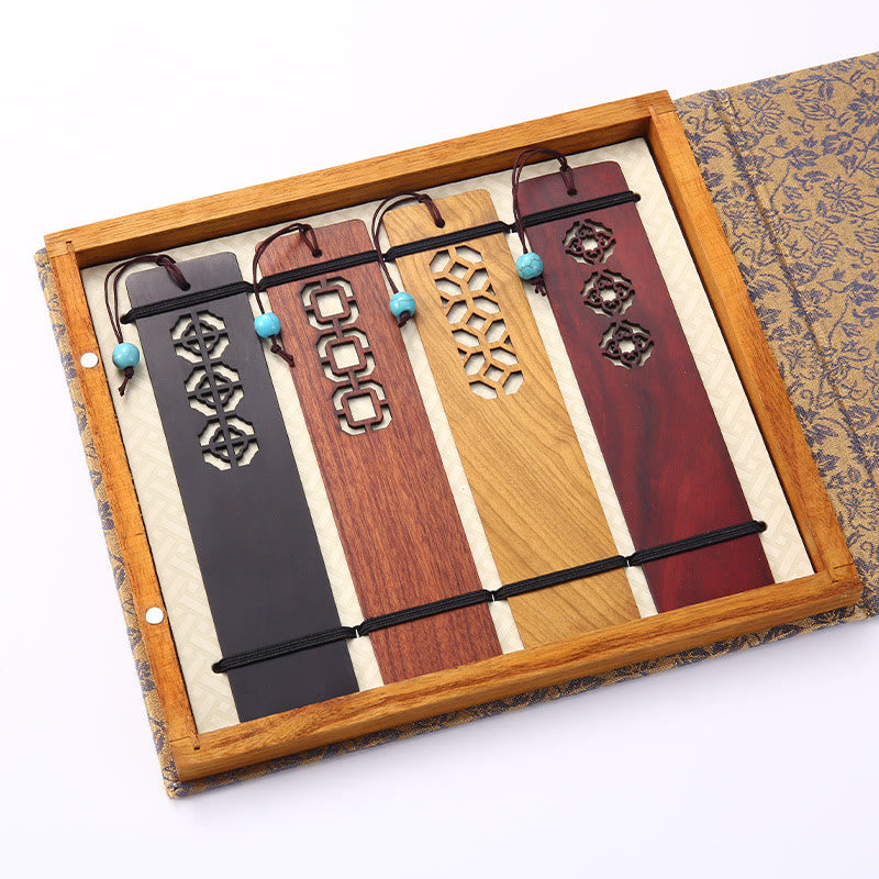 Buddha Stones 4 Stück Vier Jahreszeiten Pflaumenorchidee Bambus Chrysantheme Pekingoper Maske Holz Lesezeichen mit Geschenkbox - 4 Stück antike Fenster - image 15