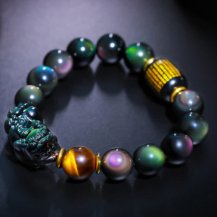 Buddha Stones FengShui PiXiu Regenbogen Obsidian Schwarzer Onyx Tigerauge Positives Armband