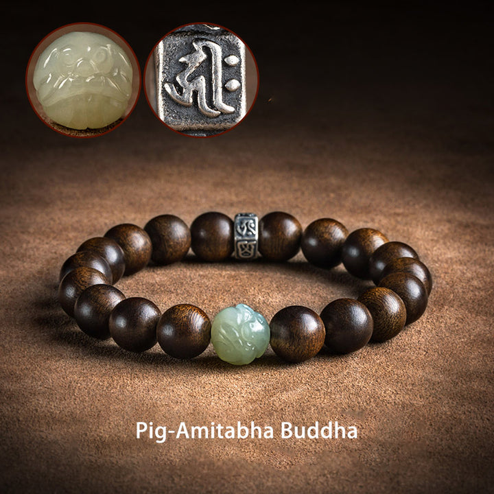 Armband mit Buddha Stonesn, chinesischem Sternzeichen, Natal-Buddha, Kalimantan-Adlerholz-Jade, 925er-Sterlingsilber