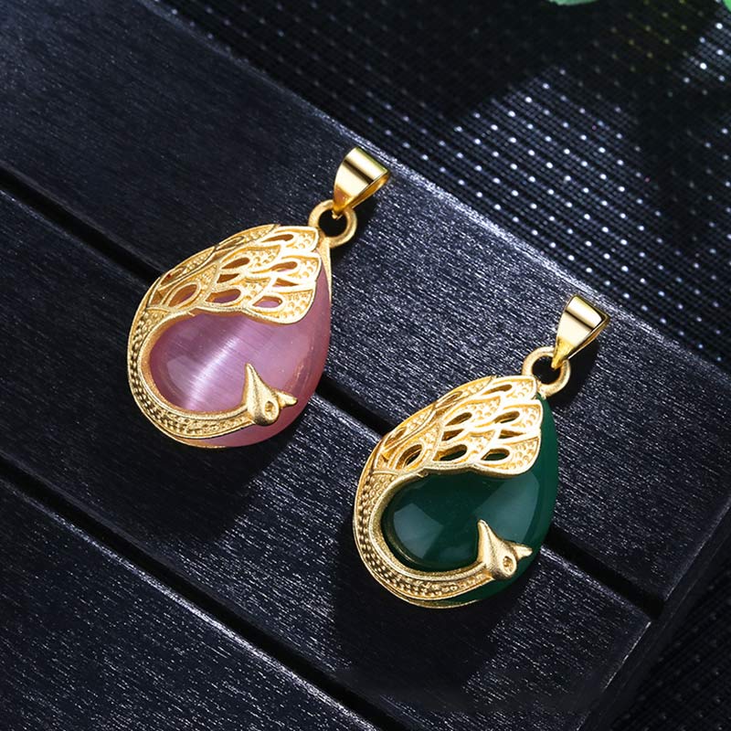 Halskettenanhänger aus rosafarbenem, kristallgrünem Chalcedon, Pfau, Kupfer, beruhigende Liebe - image 2