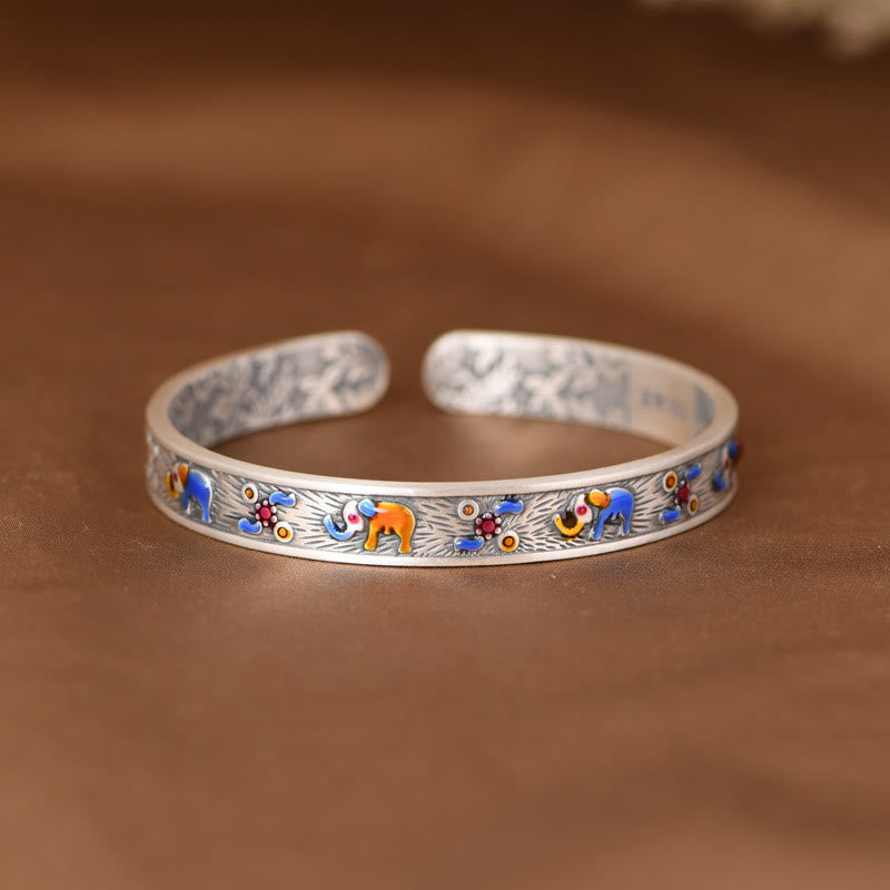 Buddha Stones 999 Sterling Silber Elefant Stärke Weisheit Armband Manschettenarmreif - 55 mm (einstellbar) - image 0