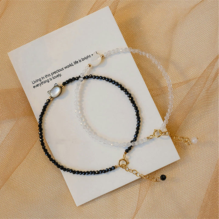 Buddha Stones 14K vergoldetes schwarzes Spinell- Weiß Kristall-Heilarmband mit süßer Katze aus Tridacna-Stein - image 16