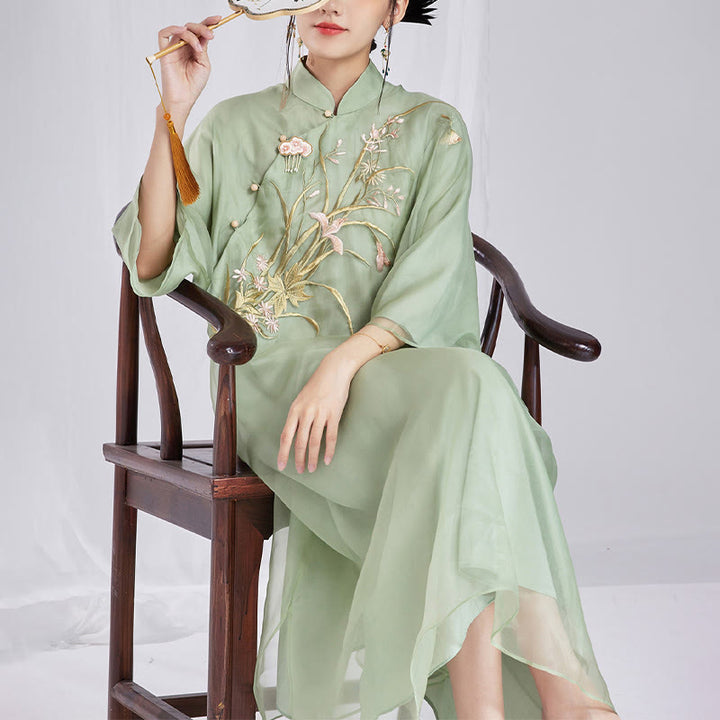 Buddha Stones 100 % Maulbeerseide 6 Momme Kleid Vintage Blume Schmetterling Stickerei Qipao Kleid Damen Cheongsam Kleid - image 10