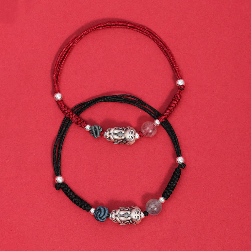 Buddha Stones 999 Sterling Silber PiXiu Erdbeerquarz Perlen Reichtum Glück geflochtenes Armband