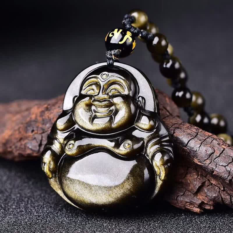Buddha Stones Lachender Buddha Goldglanz-Obsidian-Reichtum-Halskettenanhänger - Goldschimmernde Obsidianperle - image 1