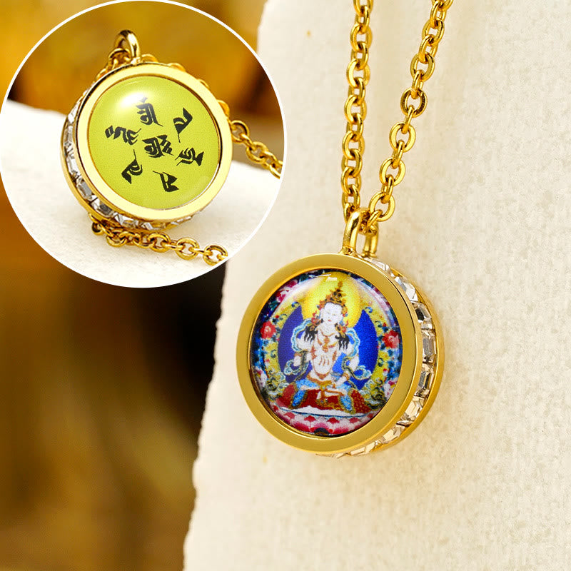 Buddha Stones, tibetischer gelber Gott des Reichtums, grüne Tara-Buddha-Gelassenheit, Halskettenanhänger aus Titanstahl - Vorderseite Vajrasattva Bodhisattva Rückseite Mantra - image 11