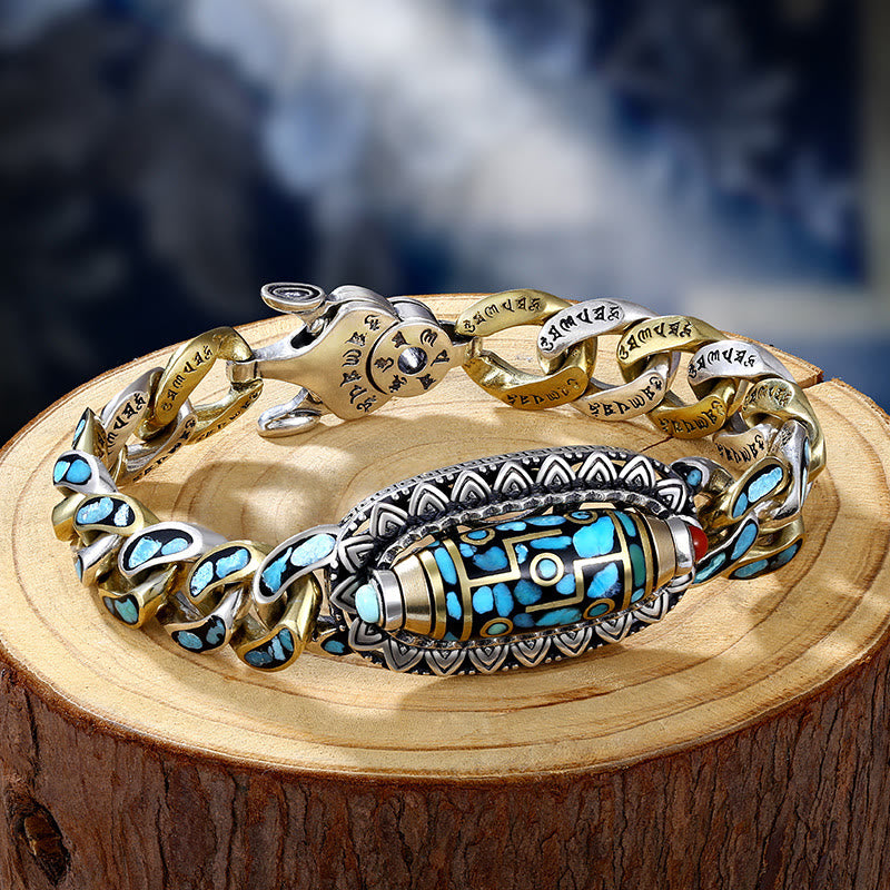 Buddha Stones Tibetisches Neun-Augen-Dzi-Perlen-Om-Mani-Padme-Hum-Türkis-Schutz-Armband, drehbar - Neun-Augen-Dzi-Perle (Reichtum♥Schutz) - 22 cm, passend für einen Handgelenkumfang von 20 cm - image 1