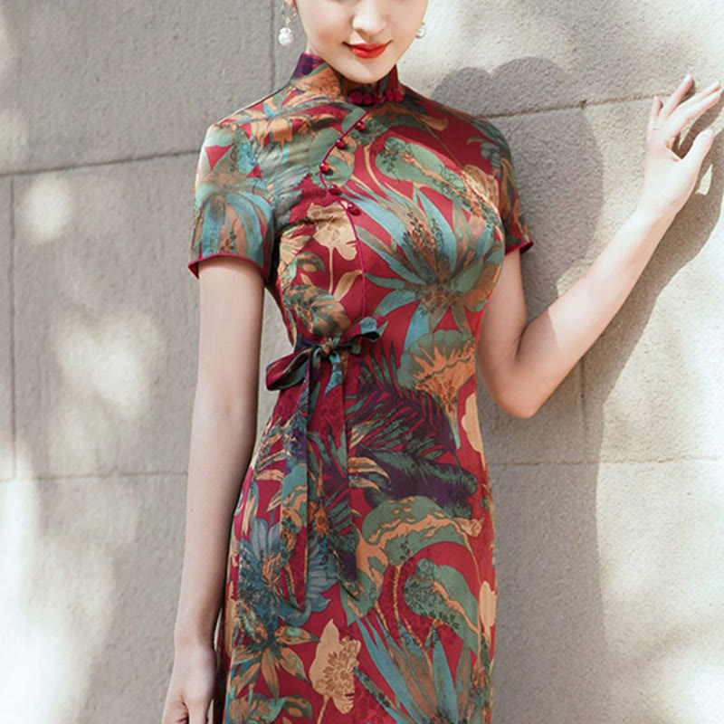 Buddha Stones Seide Qipao Kleid Retro Blumen Blatt Muster Damen Cheongsam Kleid - image 8