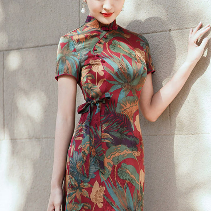 Buddha Stones Seide Qipao Kleid Retro Blumen Blatt Muster Damen Cheongsam Kleid - image 8