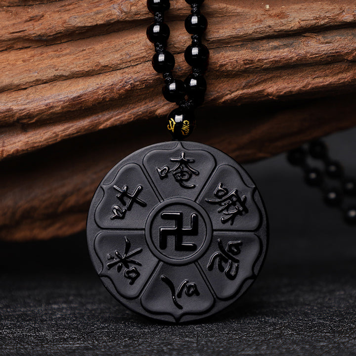Buddha Stones Halskette, natürlicher schwarzer Obsidian, tibetisches Om Mani Padme Hum Buddha Hakenkreuz, Glück