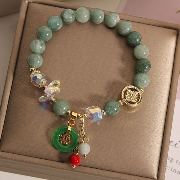 Buddha Stones Charm-Heilarmband aus Erdbeerquarz und Jade mit Fu-Charakter