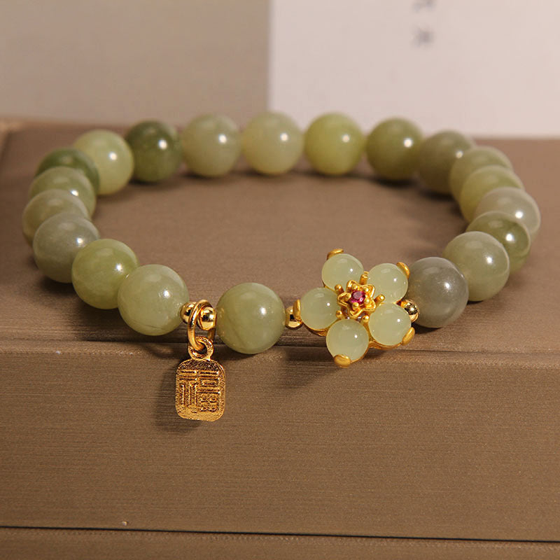 Buddha-Steine, grüne Jade, Blume, Fu-Charm, Glücksarmband