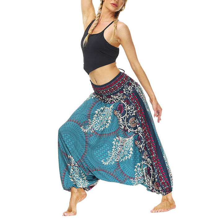 Buddha Stones Boho Lockere Haremshose mit geometrischem Blumenrankenmuster für Damen, Yogahose