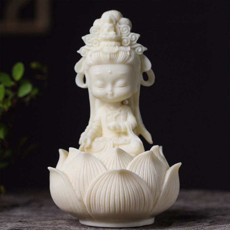 Buddha Stones Mini Elfenbeinfrucht Kwan Yin Avalokitesvara Lotus Reichtum Schreibtischdekoration - Kleines Avalokitesvara 11,2*5,2*4,8cm - image 0