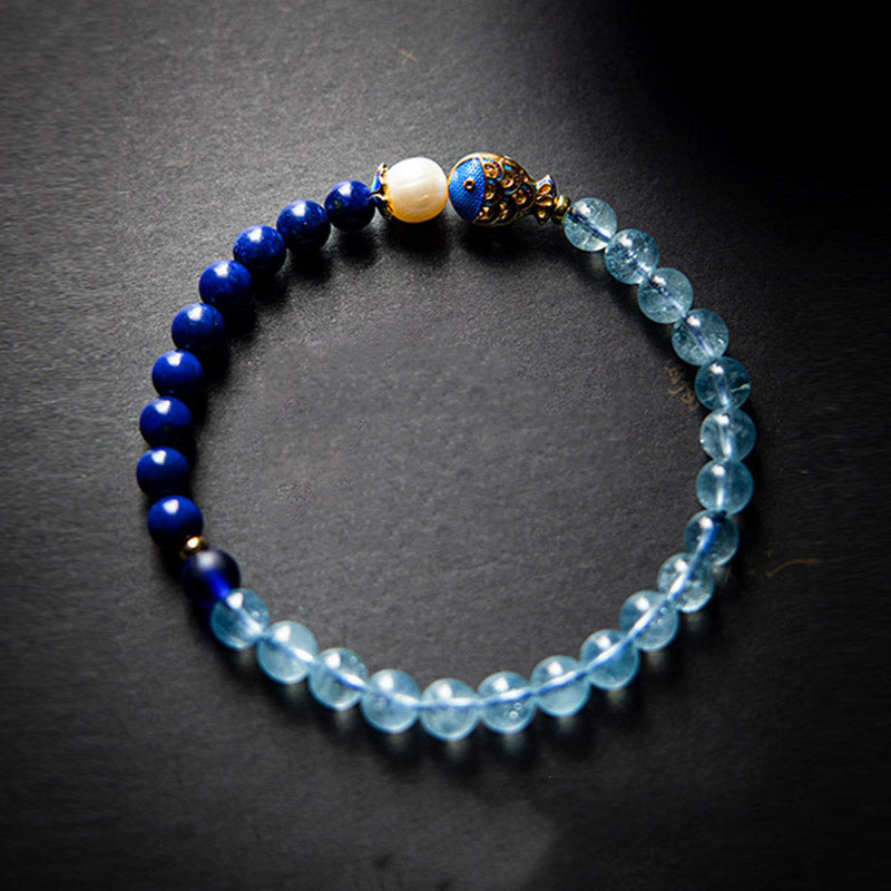 Buddha Stones ​​Natürliches Aquamarin-Lazurit-Lapis-Lazuli-Fisch-Heilarmband - image 5