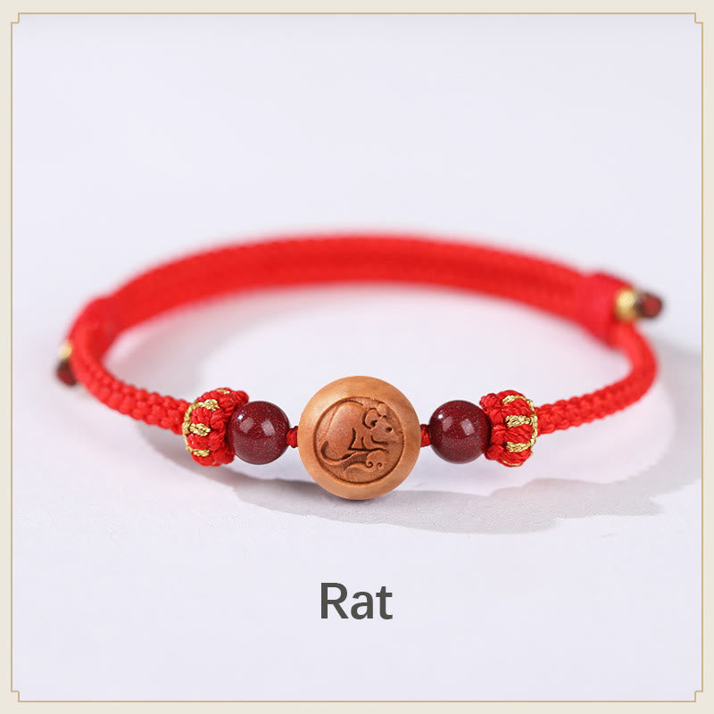 Armband mit Buddha Stonesn, natürlichem Pfirsichholz, chinesischem Sternzeichen Fu, geschnitztem Zinnober-Reichtumsarmband - Rattenrot (Handgelenkumfang 14-18 cm) - image 1