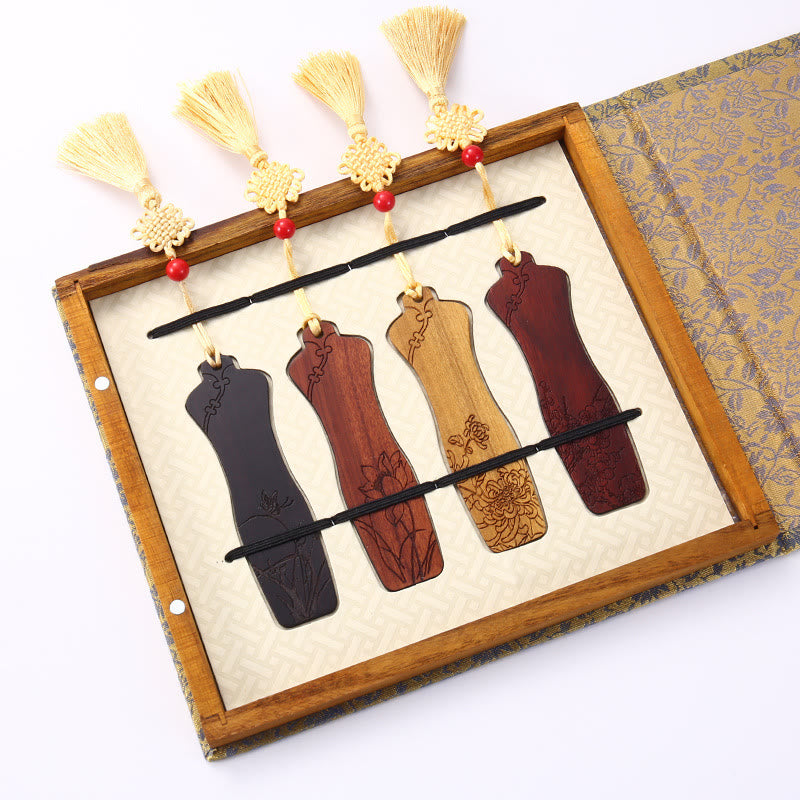 Buddha Stones 4 Stück Vier Jahreszeiten Pflaumenorchidee Bambus Chrysantheme Pekingoper Maske Holz Lesezeichen mit Geschenkbox - 4-teiliges chinesisches Cheongsam - image 20