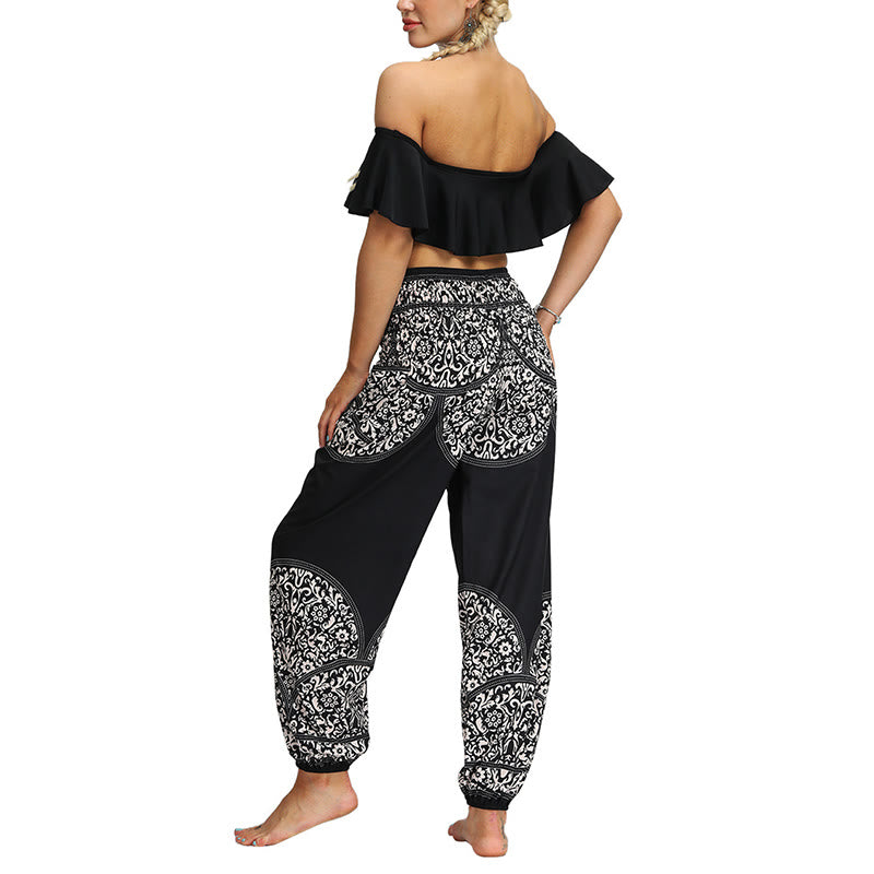 Buddha Stones Boho Lockere Haremshose mit geometrischem Elefantenmuster für Damen, Yogahose