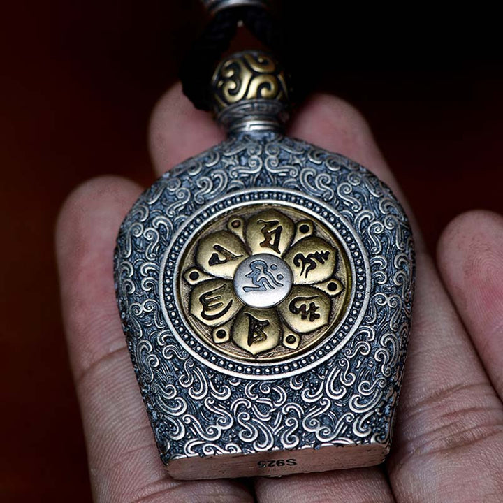 Halskette mit Weisheitsanhänger aus 925er Sterlingsilber mit Buddha-Steinen, chinesisches Sternzeichen, Geburtssymbol des Buddha, Om Mani Padme Hum, eingraviert