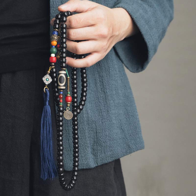 Buddha Stones 108 Perlen Mala Ebenholz Holz Dzi Perle Kupfer Balance Quaste Armband - image 1