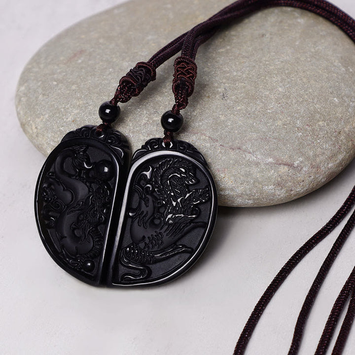 Buddha Stones Schwarzer Obsidian Liebe Drache Phönix Schutz Halskette Anhänger - image 5