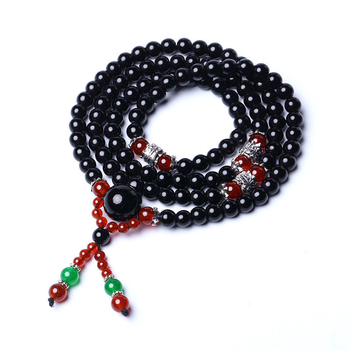 Buddha Stones 108 Perlen natürliches schwarzes Obsidian-Tigerauge-Mala-Armband