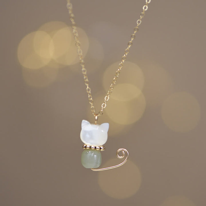 Buddha Stones 14K vergoldete Perle Hetian Jade Muschel Glück Katze Kätzchen Halskette Anhänger - image 8