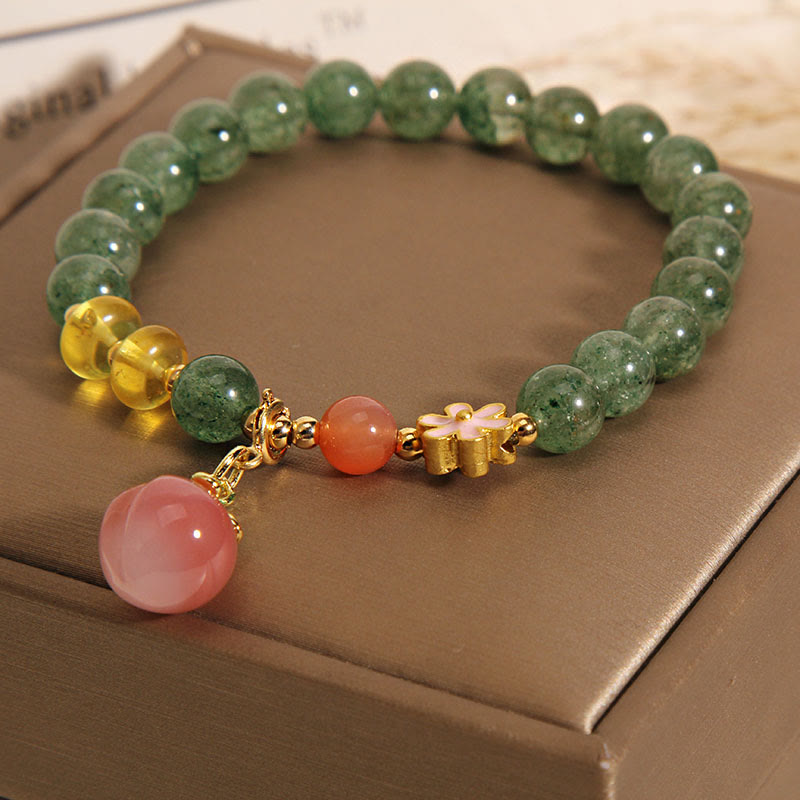 Buddha Stones Armband mit Charms, Natur, grün, Erdbeerquarz, Liebespfirsich