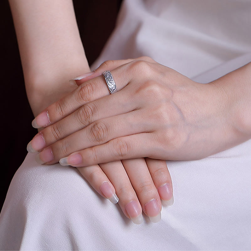 Buddha Stones 999 Sterling Silber Lotusblume Pflaumenblüte Verheißungsvolle Wolken Erleuchtungsring mit Gravur - image 3