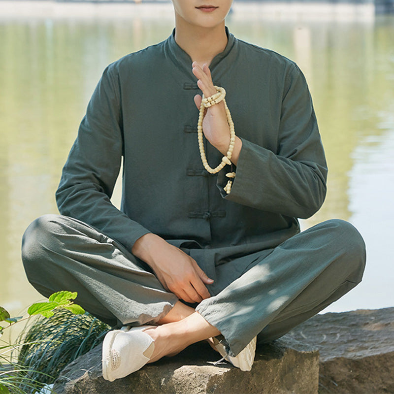 Spirituelle Zen-Praxis, Yoga, Meditation, Gebetskleidung, Baumwoll-Leinen-Herren-Set - Dunkelgrün - US/ UK/AU48, EU58 (6XL) - image 0
