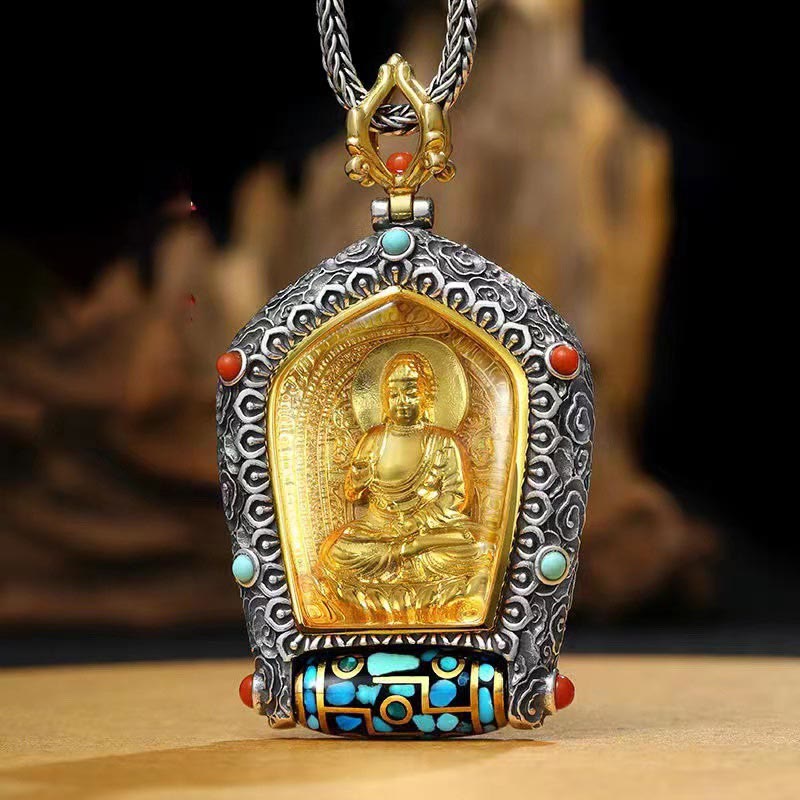 Tibet Chinesisches Sternzeichen Natal Buddha Thangka Wohlstand Drehbarer Dzi-Perlen-Halskettenanhänger - image 1
