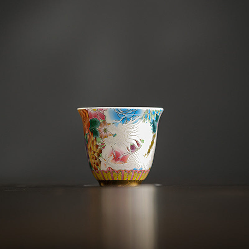 Buddha Stones Dragon Phoenix Flowers Keramik-Teetasse, Kung-Fu-Teetasse, 50 ml
