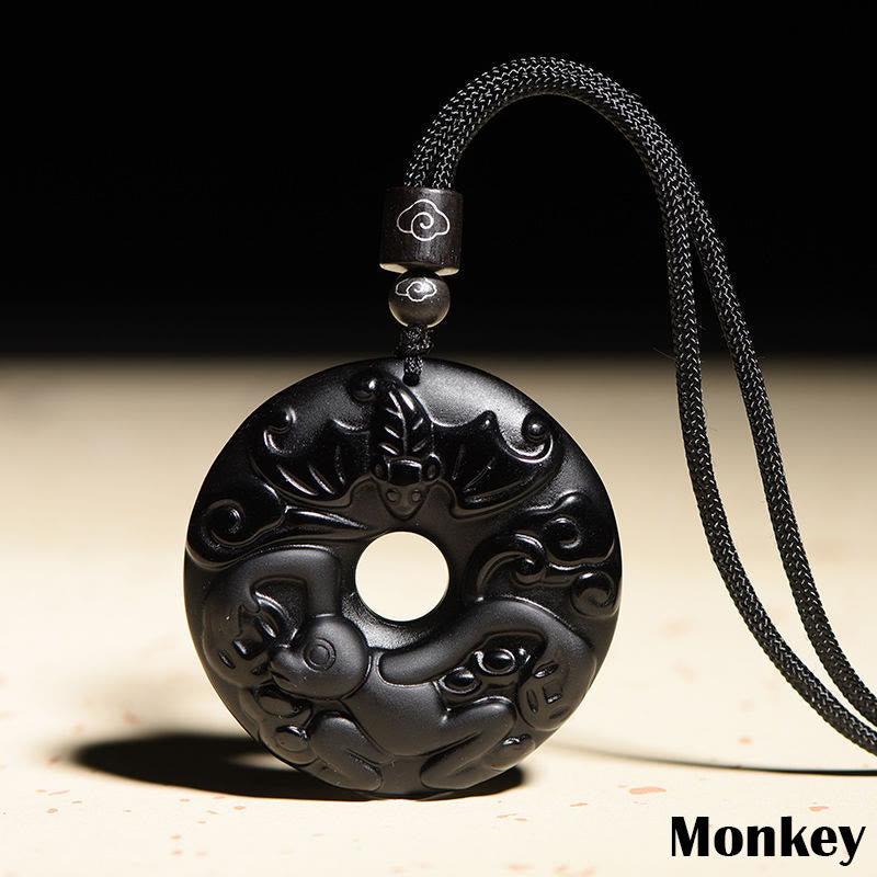 Buddha Stones, chinesisches Sternzeichen, natürlicher schwarzer Obsidian, Friedensschnalle, Stärke-Halsketten-Anhänger - Affe - image 20