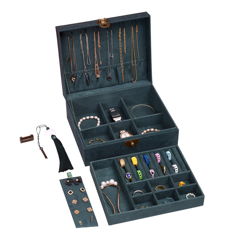 Buddha Stones, schlichtes Design, Schmuckkästchen, Organizer, zweilagige Schmuck-Aufbewahrungsbox, Flanell-Box mit Schloss - Dunkelgrün 23 x 19 x 6,5 cm - image 2