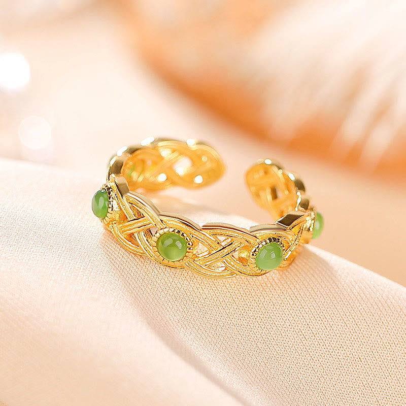 Verstellbarer Ring mit Buddha Stonesn, 925er-Sterlingsilber, vergoldet, Cyan-Jade, geflochtenes Design, Erfolg, Glück - image 6