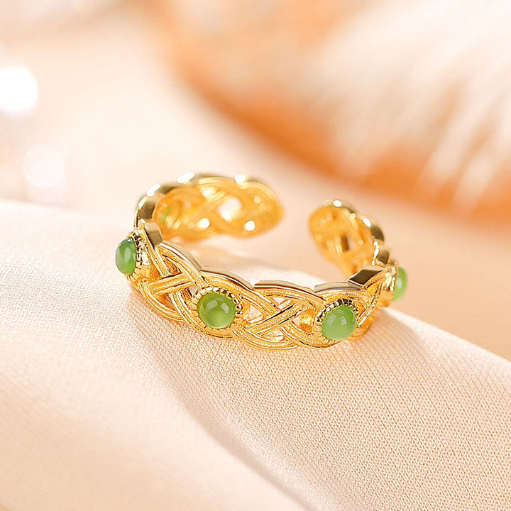 Verstellbarer Ring mit Buddha Stonesn, 925er-Sterlingsilber, vergoldet, Cyan-Jade, geflochtenes Design, Erfolg, Glück - image 6
