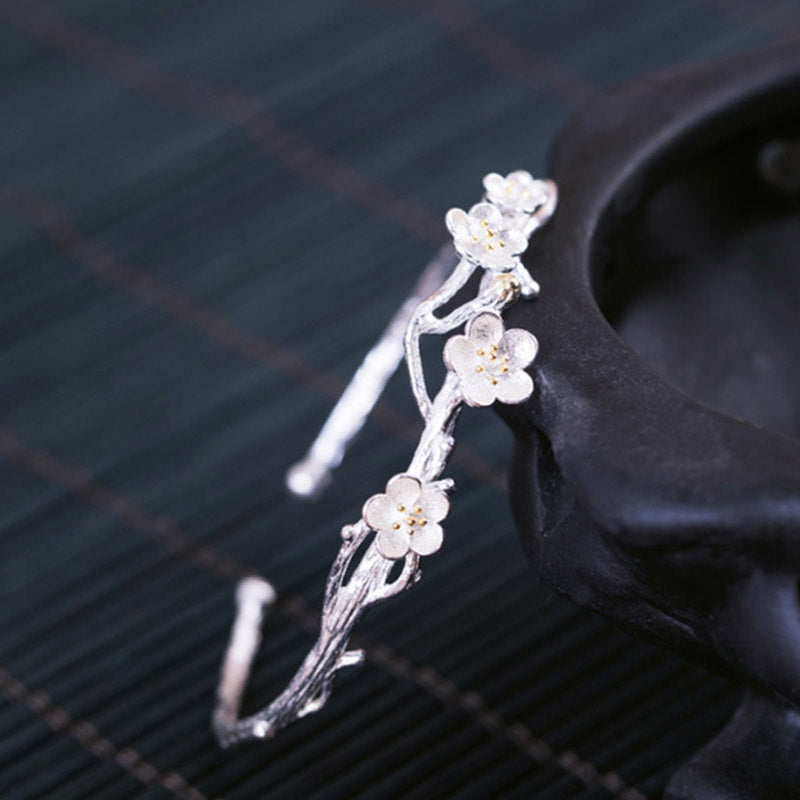 Buddha Stones 925 Sterling Silber Pflaumenblüten-Segen-Armband, verstellbarer Armreif - image 9