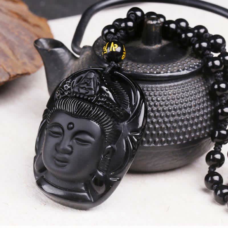 Buddha Stones Natürlicher schwarzer Obsidian Kwan Yin Avalokitesvara Kraftschnur-Halskettenanhänger - image 6