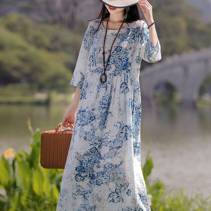 Midikleid mit Buddha-Steinen und Blumen-Print, Tunikakleid aus Baumwolle und Leinen mit Taschen