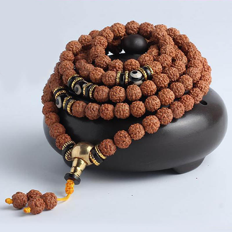 Buddha Stones Rudraksha Bodhi Seed Dzi Bead Luck Wealth Armband 108 Mala Beads