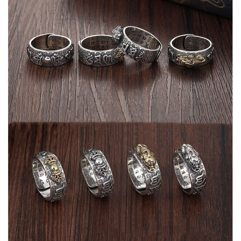 Buddha Stones tibetischer 990 Sterling Silber Om Mani Padme Hum PiXiu Dorje Vajra Herz Sutra gravierter Reichtumsring