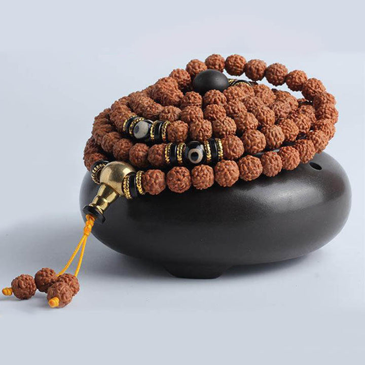 Buddha Stones Rudraksha Bodhi Seed Dzi Bead Luck Wealth Armband 108 Mala Beads