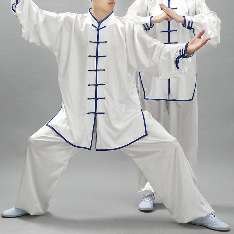 Buddha Stones, einfaches Muster, Meditation, Gebet, spirituell, Zen, Tai Chi, Qigong, Praxis, Unisex-Kleidungsset - Weiß + Blauer Rand - 3XL– Passend für US/ UK/AU/ EU-Größe 2XL - image 0