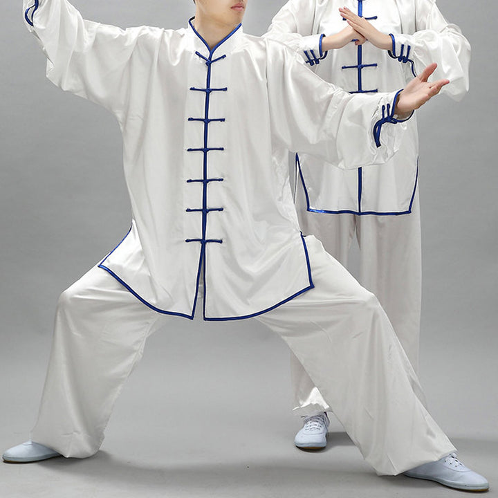 Buddha Stones, einfaches Muster, Meditation, Gebet, spirituell, Zen, Tai Chi, Qigong, Praxis, Unisex-Kleidungsset - Weiß + Blauer Rand - 3XL– Passend für US/ UK/AU/ EU-Größe 2XL - image 0