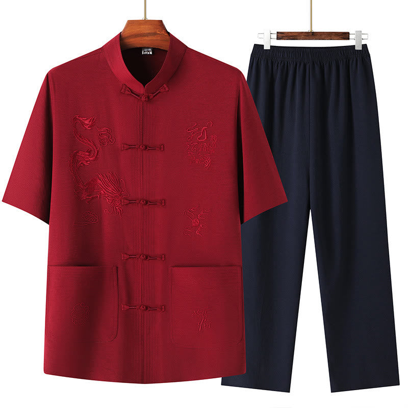 Buddha Stones Tang Anzug Hanfu Chinesischer Drache Traditionelle Kung Fu Uniform Kurzarm Tops und Hosen Kleidung Herren Set - Rot - US/ UK/AU44, EU54 (4XL) - image 16