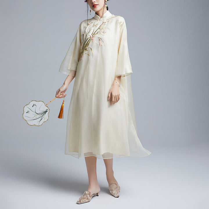 Buddha Stones 100 % Maulbeerseide 6 Momme Kleid Vintage Blume Schmetterling Stickerei Qipao Kleid Damen Cheongsam Kleid - image 8