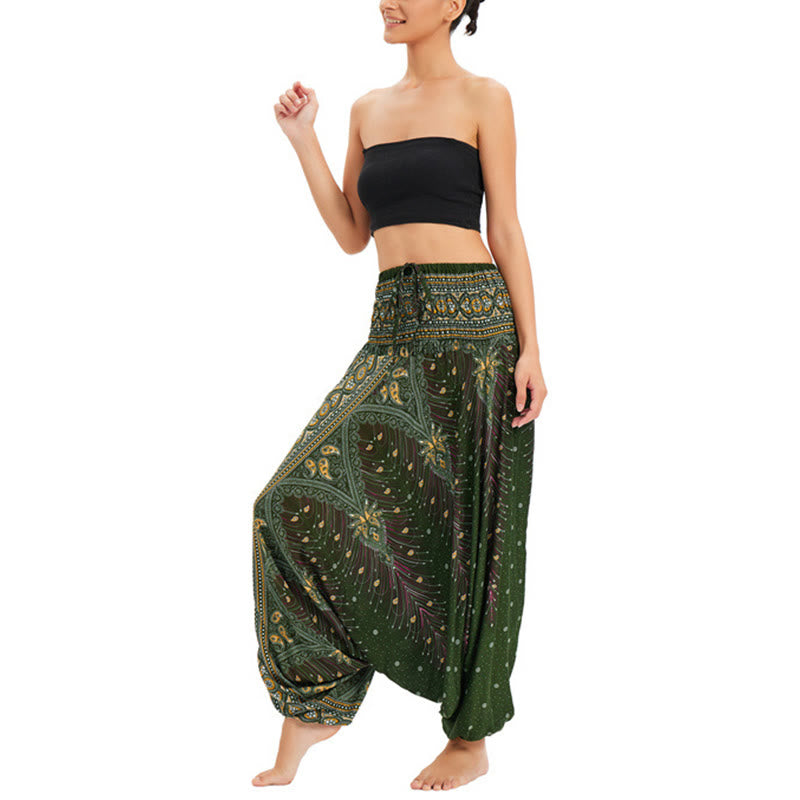 Buddha Stones Zwei Stile Tragen Pfauenfeder Lockere gesmokt Haremshose Overall Hohe Taille Hose